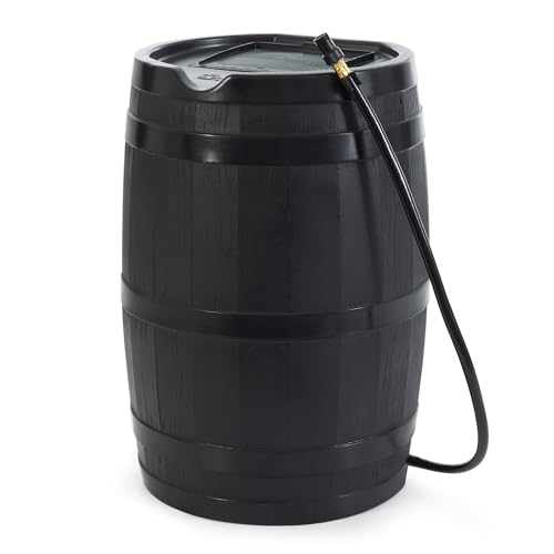 FCMP Outdoor RC45-BLK Rain Barrel (45-Gallon) - Water Rain Catcher Barrel with Flat Back for Watering Outdoor Plants, Gardens, and Landscapes, Black