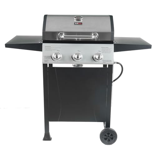 Grill Boss Outdoor BBQ Propane Gas Grill for Barbecue Cooking with Side Burner, Lid, Wheels, Shelves and Bottle Opener, 3 Burner