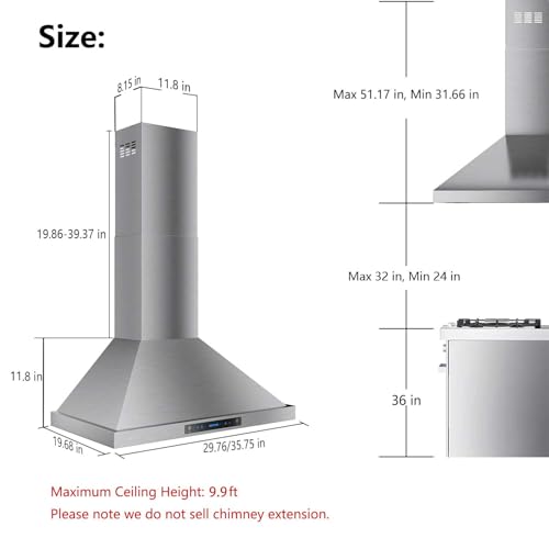 IKTCH 36-inch Wall Mount Range Hood 900 CFM Ducted/Ductless Convertible, Kitchen Chimney Vent Stainless Steel with Gesture Sensing & Touch Control Switch Panel, 2 Pcs Adjustable Lights(IKP02-36'')