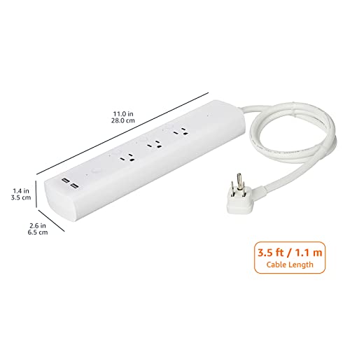 Amazon Basics Rectangular Smart Plug Power Strip, Surge Protector with 3 Individually Controlled Smart Outlets and 2 USB Ports, 2.4 GHz Wi-Fi, Works with Alexa, White, 11.02 x 2.56 x 1.38 in