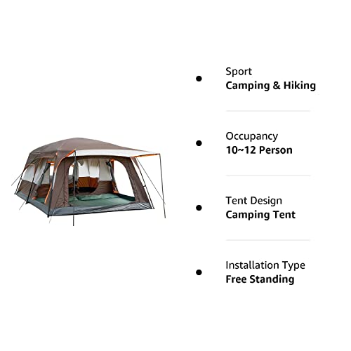 KTT Extra Large Tent 12 Person(A),Family Cabin Tents,2 Rooms,3 Doors and 3 Windows with Mesh,Straight Wall,Waterproof,Double Layer,Big Tent for Outdoor,Picnic,Camping,Family GatheringBrown