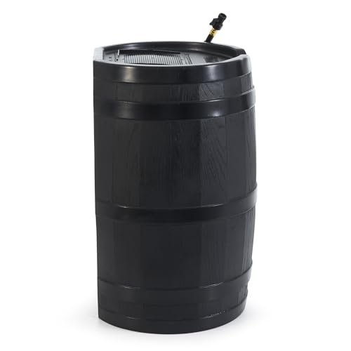 FCMP Outdoor RC45-BLK Rain Barrel (45-Gallon) - Water Rain Catcher Barrel with Flat Back for Watering Outdoor Plants, Gardens, and Landscapes, Black