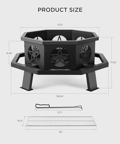 SUNOUTLY 35 inch Fire Pit, Outdoor Fire Pit Wood Burning Fire Pits with Cooking Grill, Large Firepits for Outside Octagonal Heavy Duty Firepit with Poker for Bonfire, Backyard, Patio, Picnic, Camping