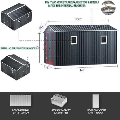 MistMo 10X12X7.5 FT Outdoor Steel Storage Shed with Lockable Doors, 2 Windows, Transparent Roof Panels (Wood Panels & Frame Floor Not Included), Ideal for Garden, Backyard, Patio Storage