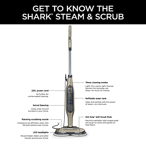 Shark S7001 Mop, Scrub & Sanitize at The Same Time, Designed for Hard Floors, with 4 Dirt Grip Soft Scrub Washable Pads, 3 Steam Modes & LED Headlights, Gold