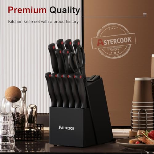 Astercook Knife Set, 15 Pieces Kitchen knives Set with Built-in Sharpener, High Carbon German Stainless Steel Chef Knife Block Sets, Sharp & Rust Resistant Dishwasher Safe, Black