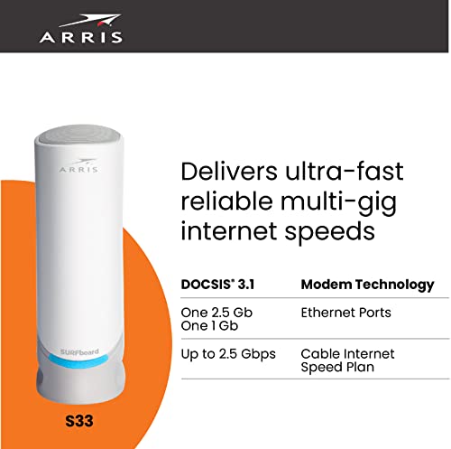 ARRIS Surfboard S33 DOCSIS 3.1 Multi-Gigabit Cable Modem | Approved for Comcast Xfinity, Cox, Spectrum & More | 1 & 2.5 Gbps Ports | 2.5 Gbps Max Internet Speeds | 4 OFDM Channels | 2 Year Warranty