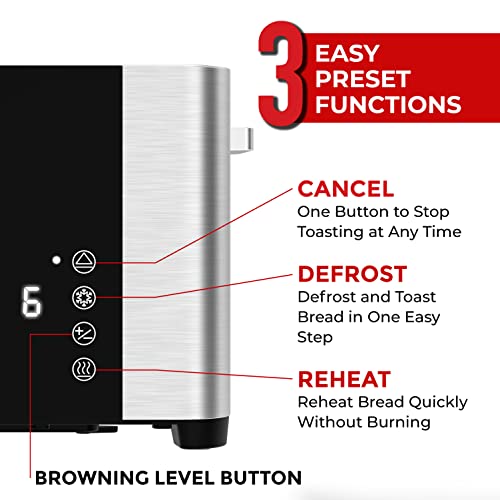 Mueller UltraToast Full Stainless Steel Toaster 4 Slice, Long Extra-Wide Slots with Removable Tray, Cancel/Defrost/Reheat Functions, 6 Browning Levels with LED Display, Kitchen Essentials & Gadgets