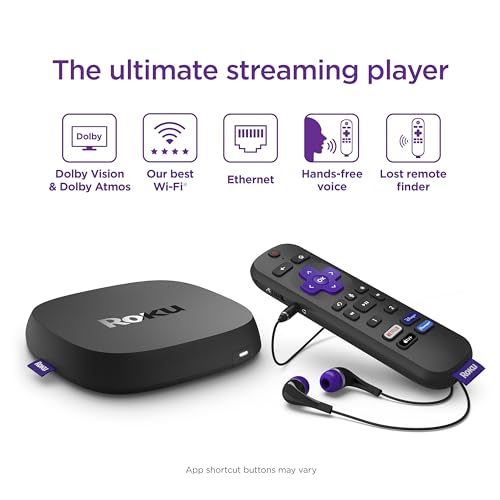 Roku Ultra | The Ultimate Streaming Device 4K/HDR/Dolby Vision/Atmos, Rechargeable Roku Voice Remote Pro, Ethernet Port, Hands-Free Controls, Lost Remote Finder, Free & Live TV