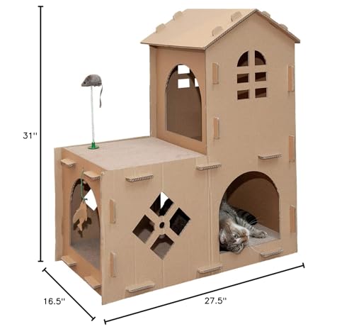 Furhaven Multi-Level Cardboard Cat House w/ Catnip for Indoor Cats, Ft. Scratching Pads & Toys - Farmhouse Corrugated Cat Scratcher Hideout - Cardboard Brown, One Size