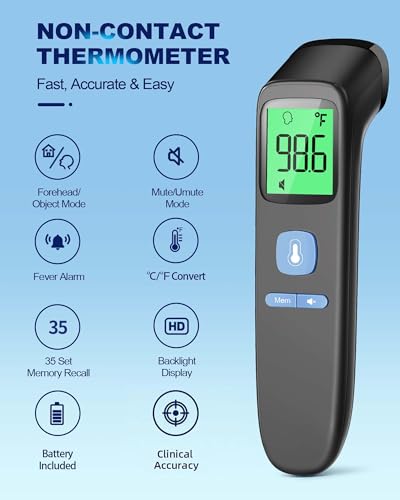 ANMEATE No-Touch Forehead Thermometer for Adults, Infrared Digital Thermometer for Kids, Touchless Baby Thermometer, Accurate Reading with Large Display, Mute Mode, Memory Recall, Fever Alarm