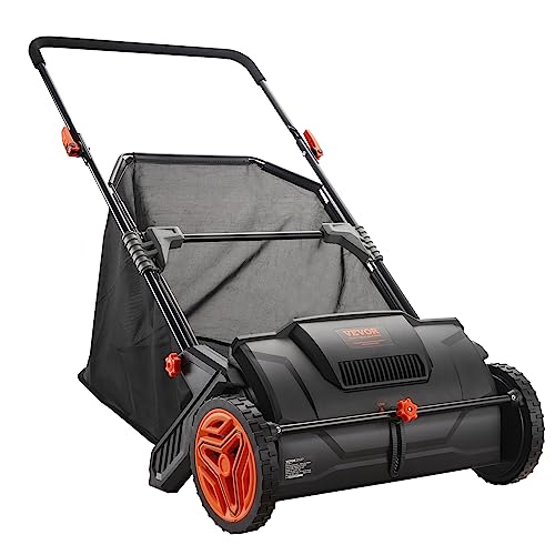 VEVOR Push Lawn Sweeper, 21-inch Leaf & Grass Collector, Strong Rubber Wheels & Heavy Duty Thickened Steel Durable to Use with Large Capacity 3.5 cu. ft. Mesh Collection Hopper Bag, 2 Spinning Brushes