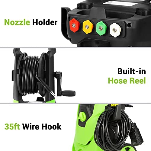 Rock&Rocker Powerful Electric Pressure Washer, 2150PSI Max 2.6 GPM Power Washer with Hose Reel, 4 Quick Connect Nozzles, Soap Tank, IPX5 Car Wash Machine/Car/Driveway/Patio Clean, Green