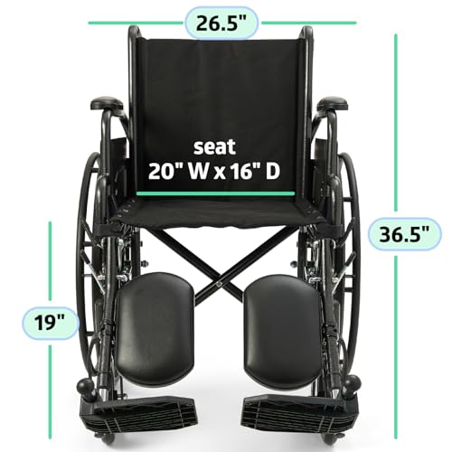 Medline Durable Steel Wheelchair with Flip-Back Desk-Length Arms, Elevated Leg Rests, 20-Inch Wide Seat, 300-Ib weight capacity, Black