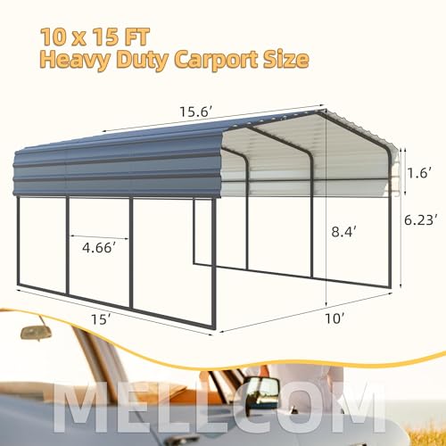 MELLCOM Metal Carport 10'x15' Heavy Duty with Galvanized Steel Roof - 10'x15'x8.4' Multi-Use Shelter Canopy with Metal Frame, Prefab Carport Garage for Cars, Boats, and Tractors