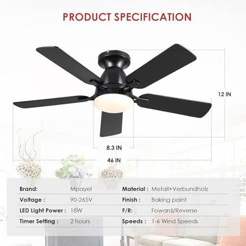 Ceiling Fans with Lights- 46" Low Profile Indoor Ceiling Fan with Light and Remote/APP Control, Flush Mount, LED Dimmable DC Reversible Modern Ceiling Fan for Bedroom（Black）