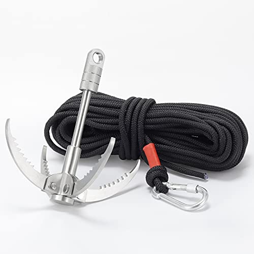 GYANDULY Large Grappling Hook with 65ft Rope, 4-Claw Folding Stainless Steel Grapple Hooks for Outdoor Survival, Camping, Hiking, Tree &Mountain Climbing