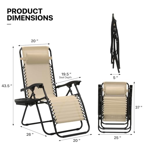 MoNiBloom Zero Gravity Chairs Set of 2 Outdoor Folding Patio Lounge Chairs for Outside Reclining Lawn Chairs Recliner Beach Chairs for Adults, Cream