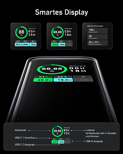 Anker Prime Power Bank, 20,000mAh Portable Charger with 200W Output, Smart Digital Display, 2 USB-C and 1 USB-A Port Compatible with iPhone 15/14/13 Series, Samsung, MacBook, Dell, and More