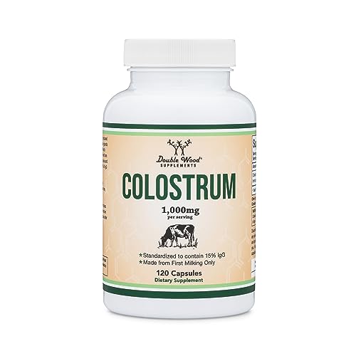 Colostrum Supplement 120 Capsules, 1,000mg per Serving (Bovine Colostrum Powder from First Milking Only, Std. to Contain 15% IgG Immunoglobulins) No Fillers, Third Party Tested by Double Wood