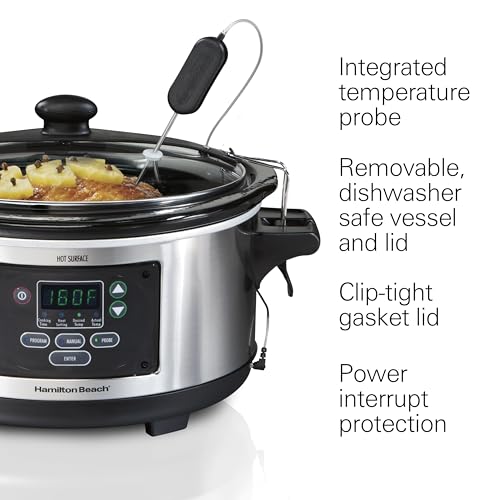 Hamilton Beach Portable 6 Quart Set & Forget Digital Programmable Slow Cooker Lock, Dishwasher Safe Crock & Lid, Temperature Probe, Stainless Steel