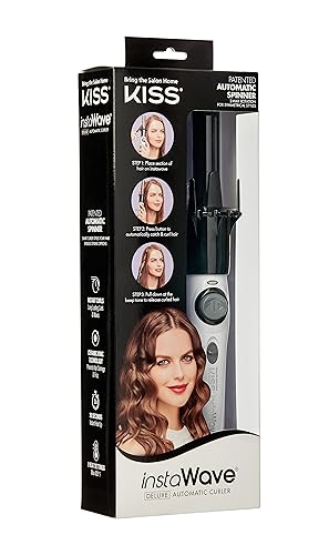 KISS Instawave Deluxe Automatic Rotating Curling Iron, Patented Automotic Spinner, 2-Way Rotation, 1” Ceramic Ionic Wand, Dual Heat Settings, 420° Max Temperature, Black & White