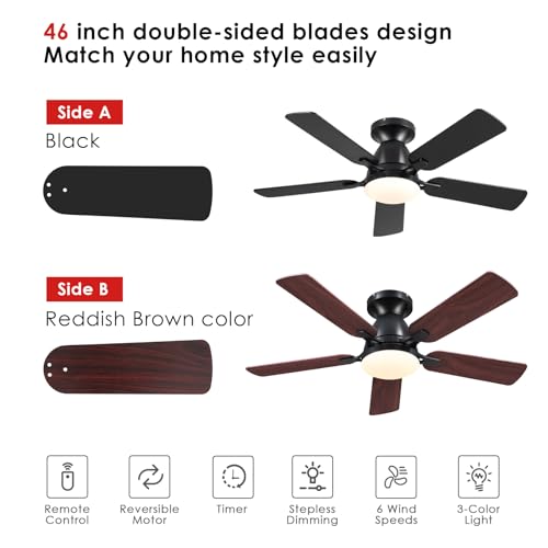 Ceiling Fans with Lights- 46" Low Profile Indoor Ceiling Fan with Light and Remote/APP Control, Flush Mount, LED Dimmable DC Reversible Modern Ceiling Fan for Bedroom（Black）