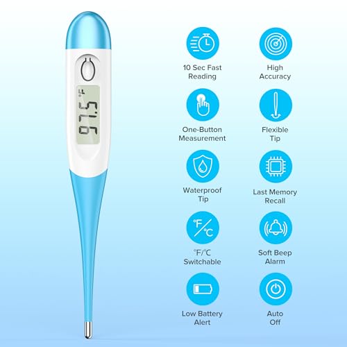 Thermometer for Adults with 10 Seconds Fast Accurate Reading, Baby Thermometer for Oral, Rectal or Under Arm Use, Digital Thermometer with Fever Alarm, Large LCD Display