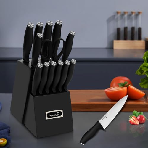 Kuisine Chef Knife Set,High Carbon Stainless Steel Razor-Sharp Blade Ergonomic Handle,Kitchen Knife Block Set with Built-in Sharpener,Elegant Gift for Holiday(Black,15PCS)