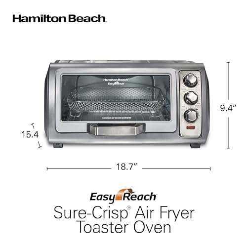 Hamilton Beach Toaster Oven Air Fryer Combo with Large Capacity, Fits 6 Slices or 12” Pizza, 4 Cooking Functions for Convection, Bake, Broil, Roll-Top Door, Easy Reach Sure-Crisp, Stainless Steel