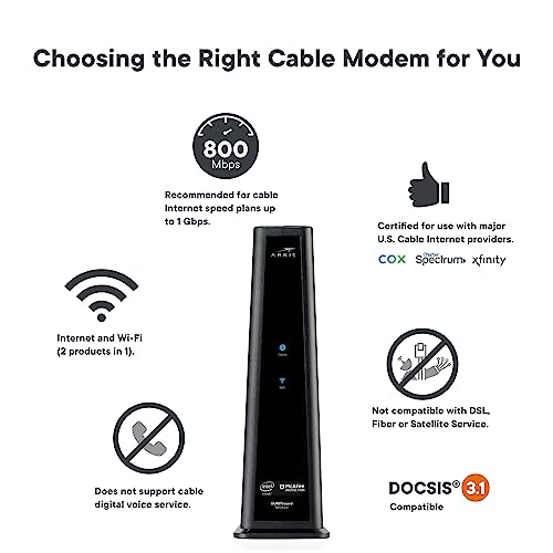 ARRIS SURFboard SBG8300 DOCSIS 3.1 Gigabit Cable Modem & AC2350 Wi-Fi Router , Comcast Xfinity, Cox, Spectrum & more, 1 Gbps Max Internet Speeds , 4 OFDM Channels