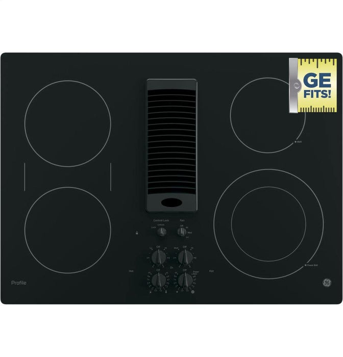 GE PP9830DJBB Profile Series Electric Cooktop with 4 Burners and 3-Speed Downdraft Exhaust System, 30", Black