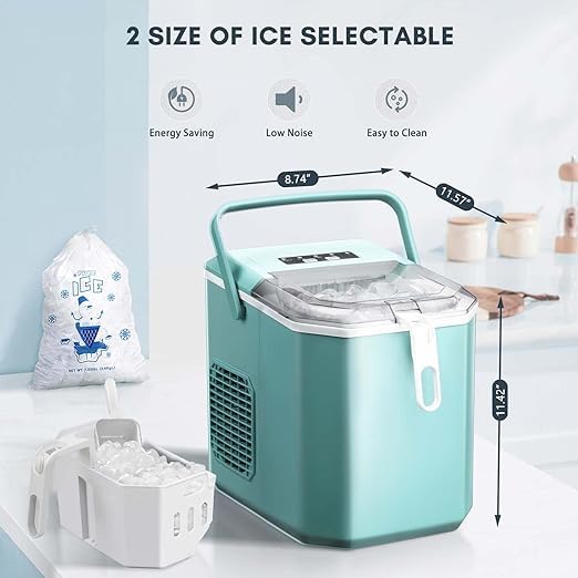 ZAFRO Countertop Ice Maker,Portable Ice Machine with Carry Handle,Self-Cleaning,Basket and Scoop,9 Cubes in 6 Mins,26.5lbs/24Hrs,2 Sizes of Bullet Ice,for Home,Kitchen,Party,Black,Green