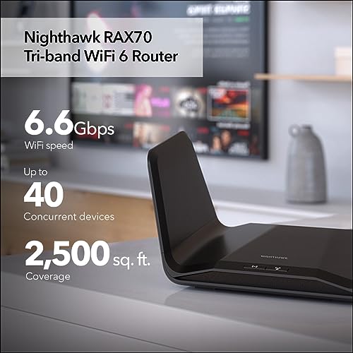 NETGEAR Nighthawk 8-Stream WiFi 6 Router (RAX70) - AX6600 Tri-band Wireless Speed (up to 6.6 Gbps) - Coverage up to 2,500 sq. ft., 40 Devices