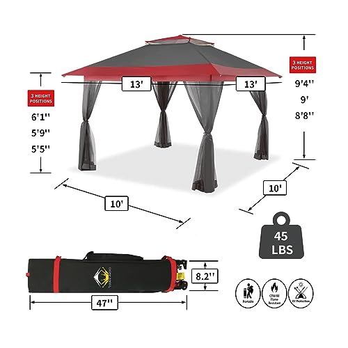 CROWN SHADES 13 x 13 Foot Pop Up Gazebo Canopy Shelter, Outdoor Canopy w/ 4 Mosquito Net Sidewalls, Push Center Lock, and Wheeled Carry Bag, Red/Grey