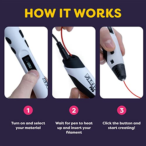 PIKA3D PRO 3D Printing Pen - Includes 3D Pen, 5 Colors of PLA Filament Refill with Stencil Guide and User Manual, White