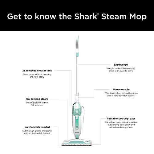 Shark S1000 Steam Mop with 2 Dirt Grip Pads, Lightweight, Safe for all Sealed Hard Floors like Tile, Hardwood, Stone, Laminate, Vinyl & More, Machine Washable, Removable Water Tank, White/Seafoam