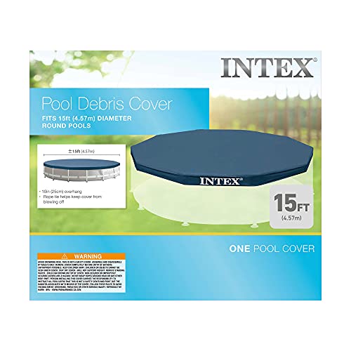 INTEX 28032E Pool Cover: for 15ft Round Metal Frame Pools – includes Rope Tie – Drain Holes – 10in Overhang – Snug Fit