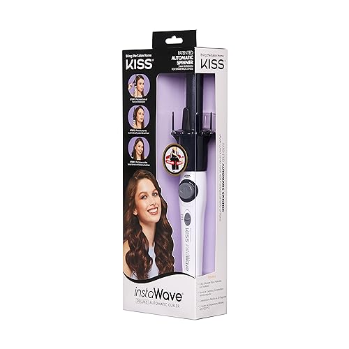 KISS Instawave Deluxe Automatic Rotating Curling Iron, Patented Automotic Spinner, 2-Way Rotation, 1” Ceramic Ionic Wand, Dual Heat Settings, 420° Max Temperature, Black & White