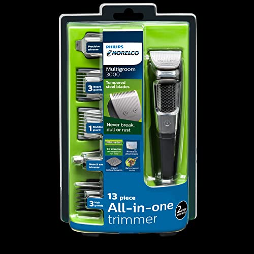 Philips Norelco Multigroomer All-in-One Trimmer Series 3000, 13 Piece Mens Grooming Kit, for Beard, Face, Nose, and Ear Hair Trimmer and Hair Clipper, NO BLADE OIL NEEDED, MG3750/60