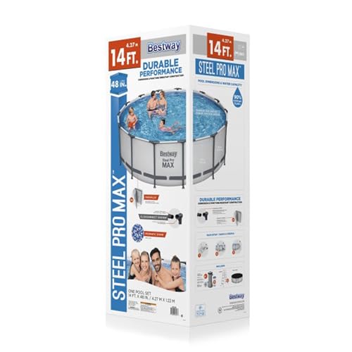 Bestway Steel Pro MAX 14 Foot x 48 Inch Round Metal Frame above Ground Outdoor Swimming Pool Set with 1,000 Filter Pump, Ladder, and Cover, Gray