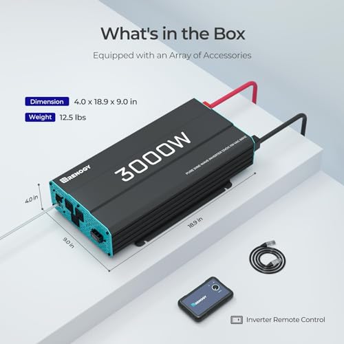 Renogy 3000W Pure Sine Wave Inverter 12V DC to 120V AC Converter for Home, RV, Truck, Off-Grid Solar Power Inverter with Built-in 5V/2.1A USB, AC Hardwire Port, Remote Controller