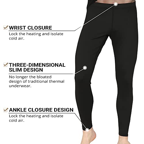 HEROBIKER Mens Thermal Underwear Set Skiing Winter Warm Base Layers Tight Long Johns Top & Bottom Set with Fleece Lined Black