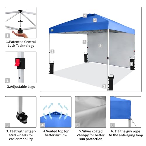 CROWN SHADES 10x10 Canopy Tent with Sidewalls, Patented One Push Pop Up Canopy with STO-N-Go Cover Bag, Outdoor Canopy with 4 Sand Bags, Blue