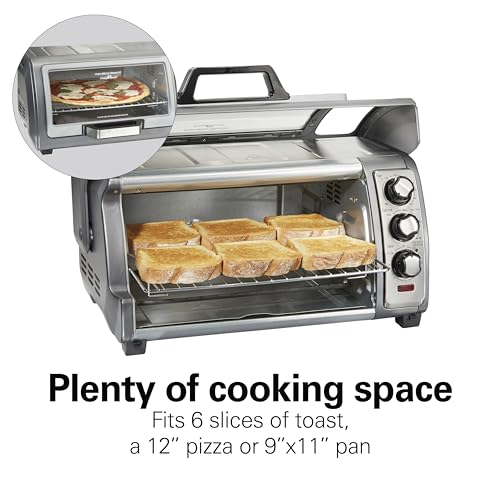 Hamilton Beach Toaster Oven Air Fryer Combo with Large Capacity, Fits 6 Slices or 12” Pizza, 4 Cooking Functions for Convection, Bake, Broil, Roll-Top Door, Easy Reach Sure-Crisp, Stainless Steel