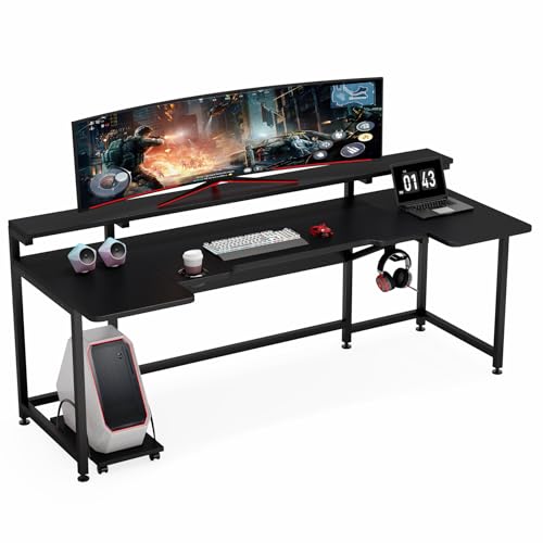 Tribesigns 74.8 Inch Gaming Desk, Extra Long U Shaped Computer Desk with Monitor Stand Shelf and CPU Stand, Black Gamer Desk for Home Office, Gaming