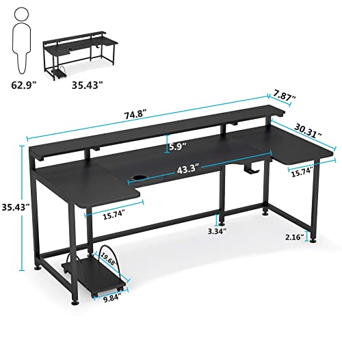 Tribesigns 74.8 Inch Gaming Desk, Extra Long U Shaped Computer Desk with Monitor Stand Shelf and CPU Stand, Black Gamer Desk for Home Office, Gaming