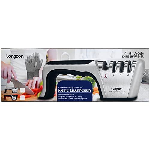 Longzon 4-in-1 Knife Sharpener [4 stage] with a Pair of Cut-Resistant Glove, Original Premium Polish Blades, Best Kitchen Knife Sharpener Really Works for Fruit Knife and Steel Knives, Scissors.