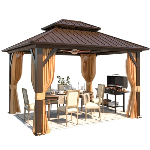 YOLENY 10' x 12' Hardtop Gazebo, Metal Gazebo with Aluminum Frame, Double Galvanized Steel Roof, Curtains and Netting Included, Pergolas for Patios, Garden, Parties, Lawns