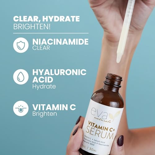 Eva Naturals Vitamin C Face Serum With Hyaluronic Acid - Anti Aging Serum - Reduce Dark Spots, Acne & Wrinkles - Retinol, Niacinamide & Salicylic Acid, Brightening Skin Serum for Glowing Skin